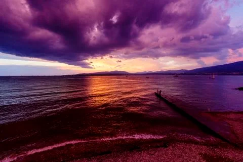 Dramatic sunset and lightning in Gelendzhik Stock Photos