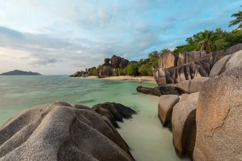 Dramatic sunset at Anse Source d'Argent beach, La Digue island, Seychelles Stock Photos
