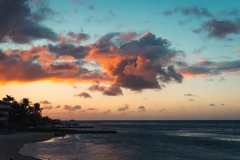 Dramatic sunset on beach, hotel, Caribbean, Jamaica Stock Photos
