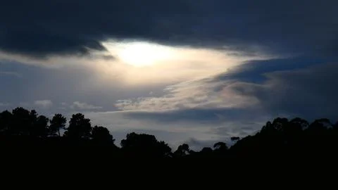 Dramatic sunset behind clouds, winter afternoon in the mountains. 4k P1120636 Stock Photos