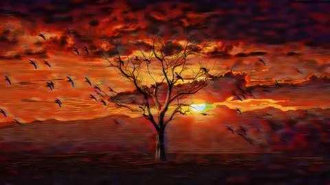 Dramatic sunset with birds flying across a glowing sky and a barren tree. Foto stock