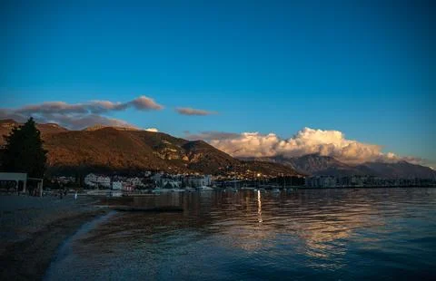 Dramatic sunset clouds over Tivat mountains on Adriatic coast, Montenegro Stock Photos