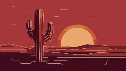 Dramatic sunset in desert landscape with cactus. Stock-Illustration