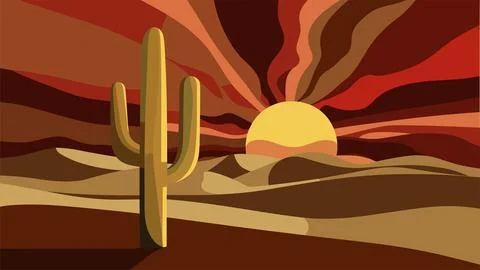 Dramatic sunset in desert landscape with cactus. Illustrazione stock
