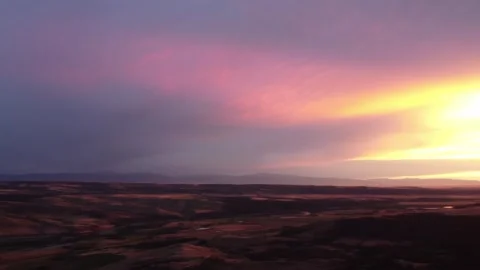 Dramatic sunset drone pan over Montana landscape Stock Footage 310575533