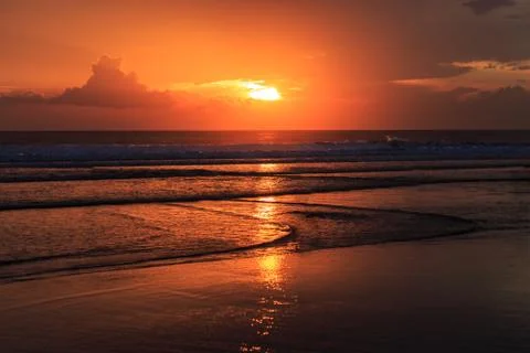 Dramatic Sunset in Kuta beach, Bali, Indonesia Stock Photos