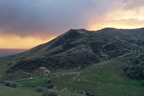 Dramatic Sunset Light on Green Hill with Blooming Trees and Village Below, .. Stock Photos