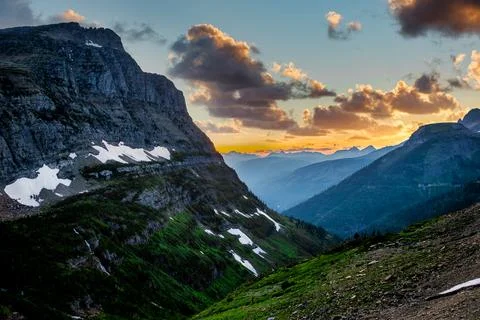 Dramatic Sunset on the Mountains on the Going to the Sun Road, Glacier National Stock Photos