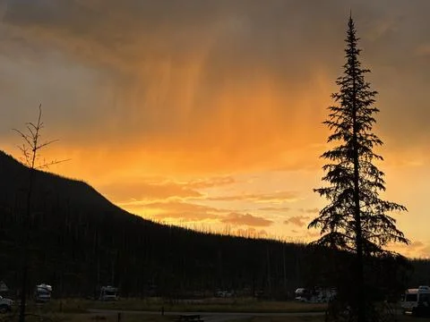 Dramatic Sunset Over Burned Forest In The Canadian Rockies Stock Photos