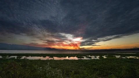 Dramatic Sunset Over Calm Water With Lush Greenery Stock Photos