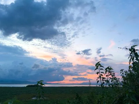 Dramatic Sunset Over Calm Water and Greenery 스톡 사진