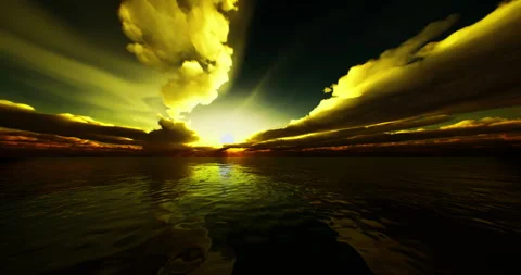 Dramatic sunset over calm waters reflects vibrant cloud colors Stock Footage 306153123