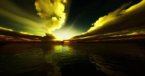 Dramatic sunset over calm waters reflects vibrant cloud colors Stock Illustration