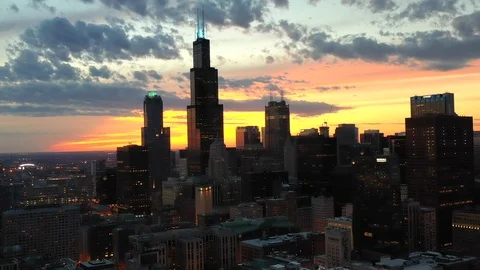 Dramatic Sunset over Chicago - Aerial View Stock Footage 115996763