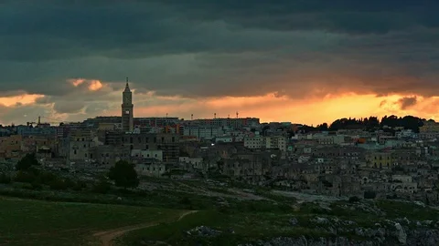 Dramatic sunset over the city of Matera Stock Footage 108509731