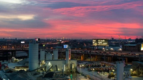 Dramatic Sunset over Concrete Plant in Chicago Stock Footage 119805512