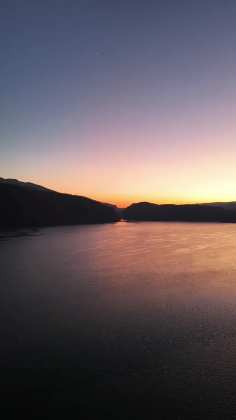 Dramatic Sunset Over Danube River Gorge at Dusk, Aerial View, Romania Stock Footage 334130704