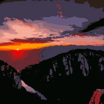 Dramatic sunset over a deep canyon and mountain silhouettes Stock Illustration
