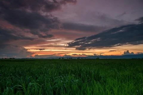 Dramatic sunset over a field Stock Photos