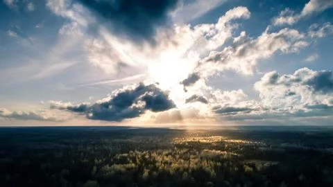 Dramatic Sunset Over Forest, Aerial View Stock Photos