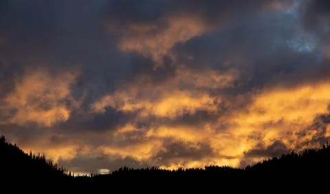 Dramatic Sunset Over Forest Silhouette With Fiery Clouds Stock Photos