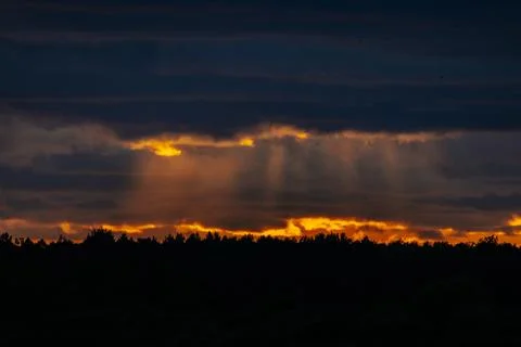 Dramatic sunset over a forest silhouette with rays of sunlight breaking thr.. Stock Photos