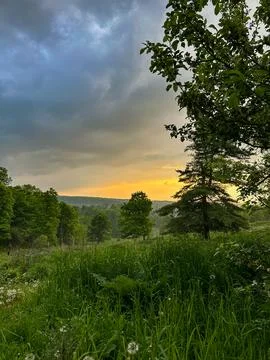 Dramatic Sunset Over a Grassy Field and Distant Hills Stock Photos