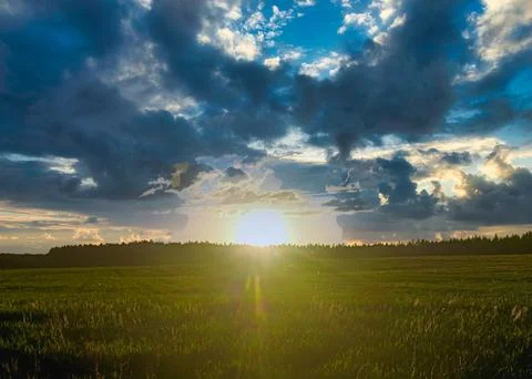 Dramatic sunset over a green field with dark storm clouds and sunlight rays.. Foto stock