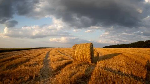 Dramatic Sunset over Hay Bale in Empty Field: Looming Storm Stock Photos
