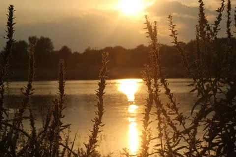 Dramatic sunset over lake Foto stock