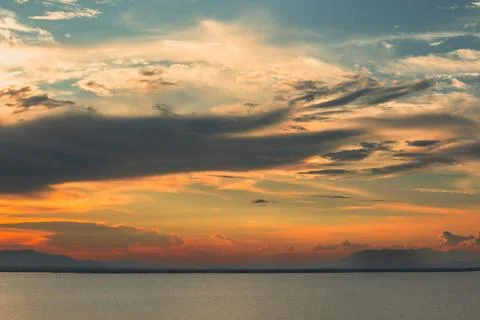 Dramatic Sunset Over the Lake 스톡 사진