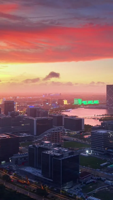 Dramatic Sunset Over Lingang New Area Cityscape, Shanghai Stock Footage 331285517