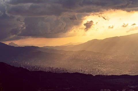 Dramatic sunset over Medellin Stock Photos