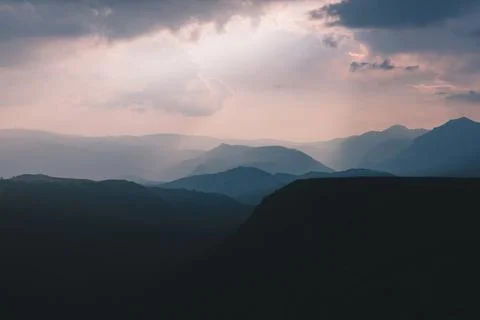 Dramatic sunset over mountain ridges in Durmitor National Park, Montenegro Stock Photos