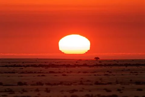 Dramatic sunset over Namib Desert near Spitzkoppe, Namibia, glowing red sky.. Stock Photos