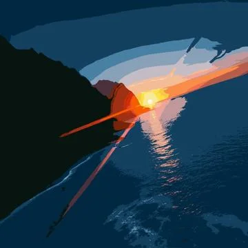 Dramatic sunset over ocean with lens flare and dark mountains Stock Illustration