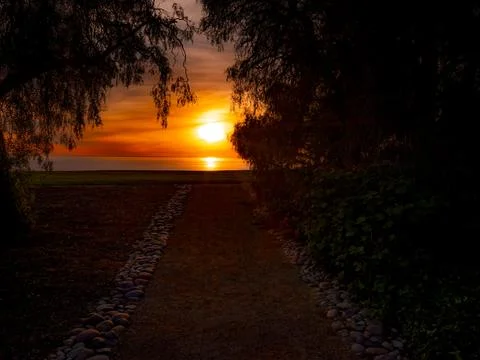 Dramatic sunset over the ocean viewed from a path lined with stones and trees 库存照片
