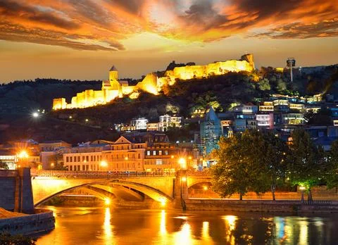 Dramatic sunset over the old town of Tbilisi Stock Photos