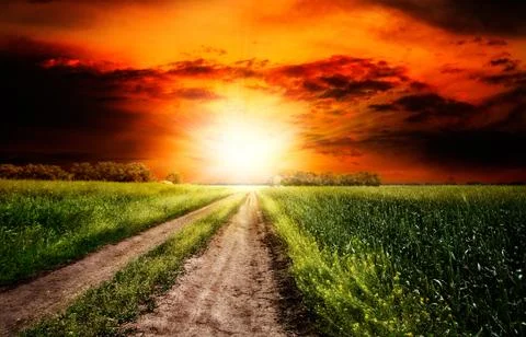 Dramatic sunset over the rural landscape Stock-Illustration