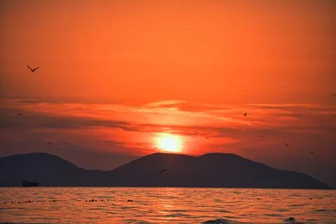 Dramatic sunset over the sea in Vlora, Albania on  August 2025 Foto stock