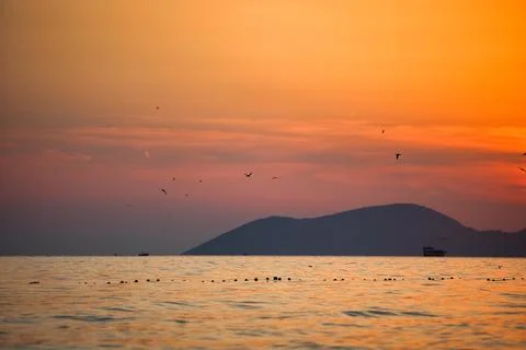 Dramatic sunset over the sea in Vlora, Albania on  August 2025 Stock Photos