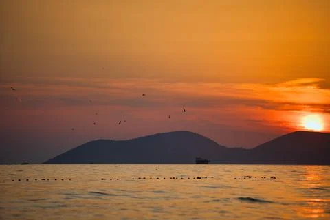 Dramatic sunset over the sea in Vlora, Albania on  August 2025 Stock Photos