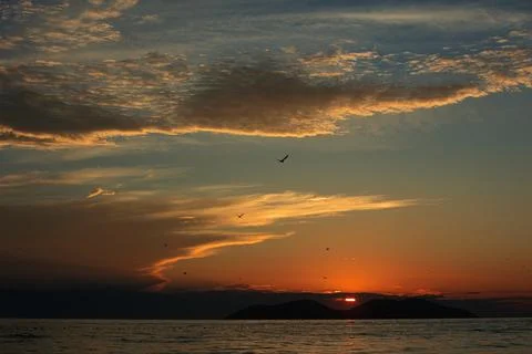 Dramatic sunset over the sea in Vlora, Albania on  August 2025 Stock Photos