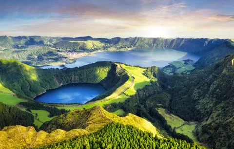 Dramatic sunset over Sete Cidades volcanic lake - panorama landscape, Azore.. Stock Photos