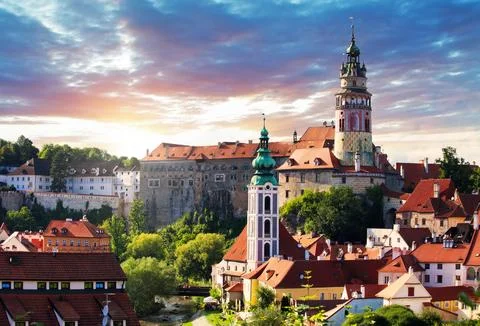 Dramatic sunset over skyline of old town of Cesky Krumlov - Czech Republic Stock Photos
