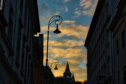 Dramatic sunset over a street in Budapest, Hungary Stock Photos
