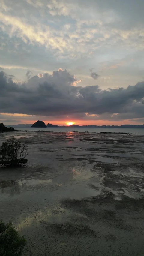 Dramatic Sunset Over Tropical Low Tide Seascape in Krabi, Thailand Stock Footage 335255979