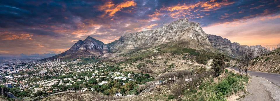Dramatic sunset panoramic view of Table Mountain, Cape Town, South Africa Stock Photos