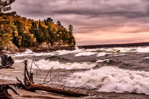 Dramatic sunset at Pictured Rocks National Lakeshore Stock Photos