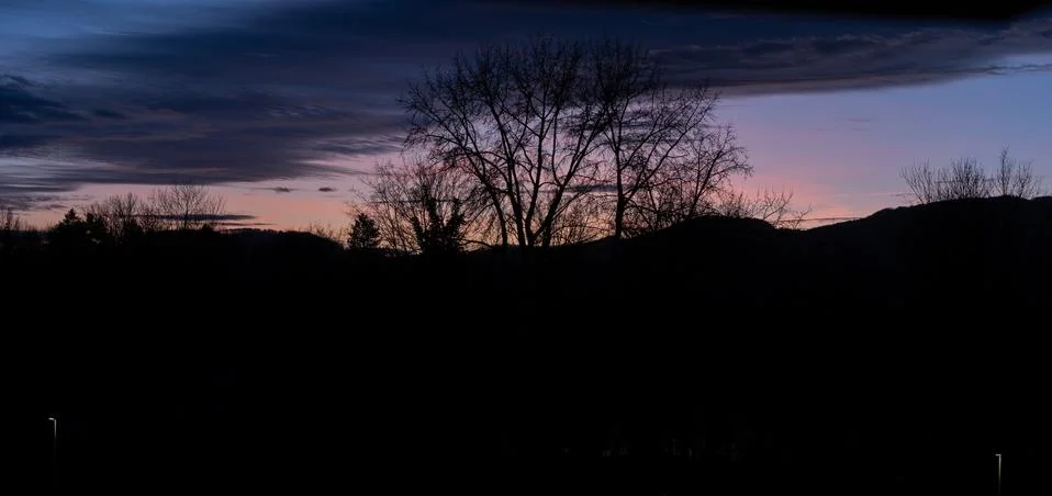 Dramatic sunset with pink blue clouds over bar trees and hills in wintertime Stock Photos